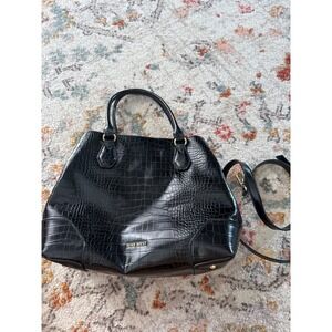 Nine West Black‎ Croc Embossed Satchel Handbag Crossbody Gold Hardware Womens